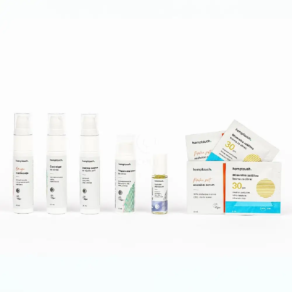 Hemptouch Raziskovalni set, anti-age vlažilna nega (3 x 20 ml + 10 ml + 5 ml + 2 x 2 ml + 2 x 1 ml)